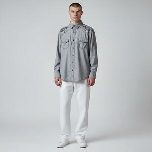 Vintage Y2K Helix Men's Gray Embroidered Casual Shirt Large